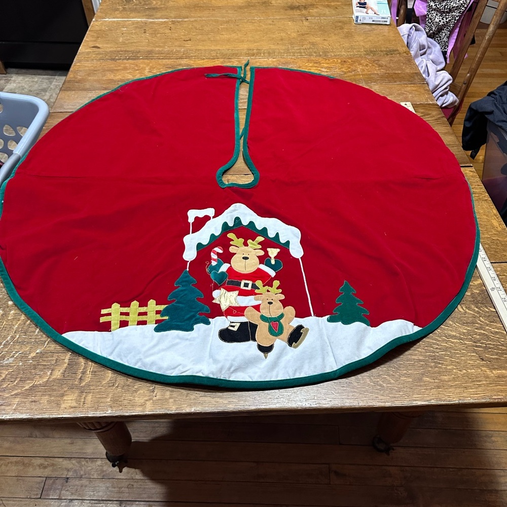 Christmas tree‎ skirt vintage 90s Applique reindeer Santa